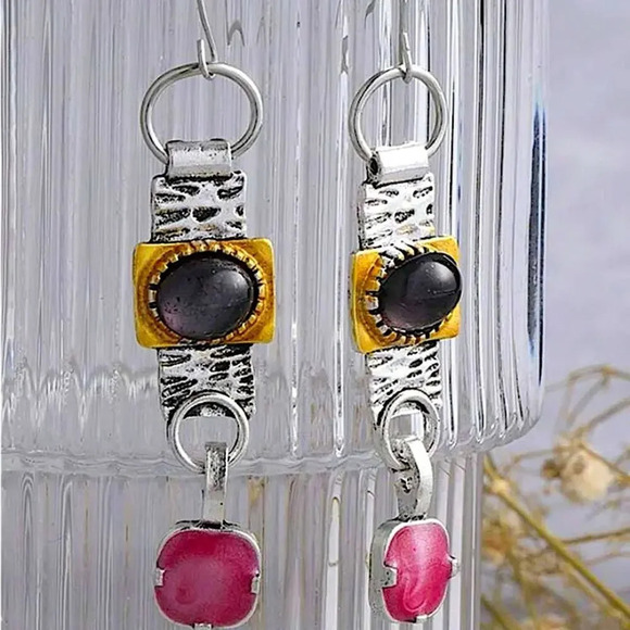 Silver Geometric Stone Boho Vintage Drop Dangle Earrings - Picture 2 of 4